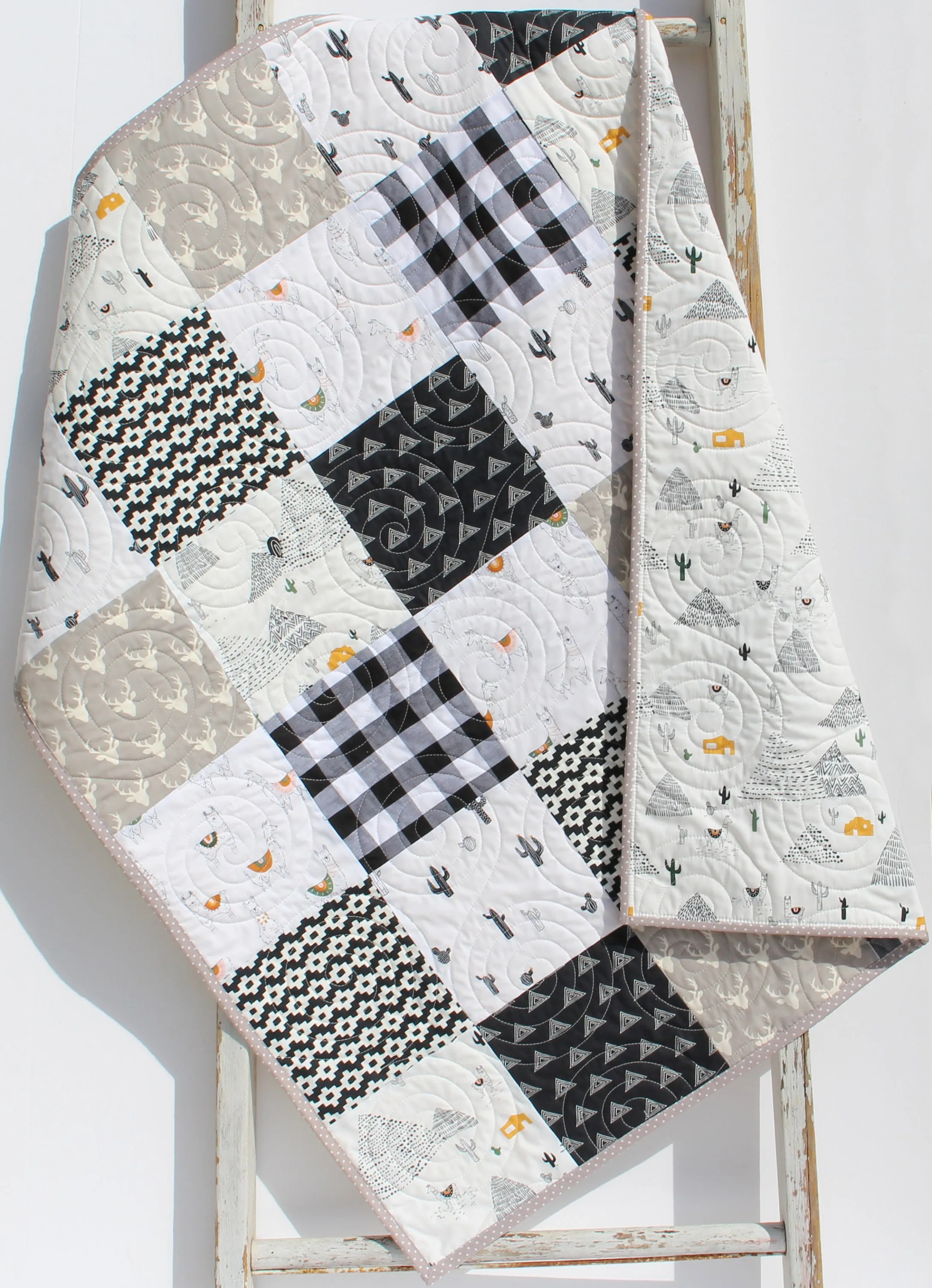 Baby Quilt, Black and White Blanket Gender Neutral Pacha Desert Southwestern Aztec Llama Mountains Cactus Deer Plaid Baby or Toddler Size