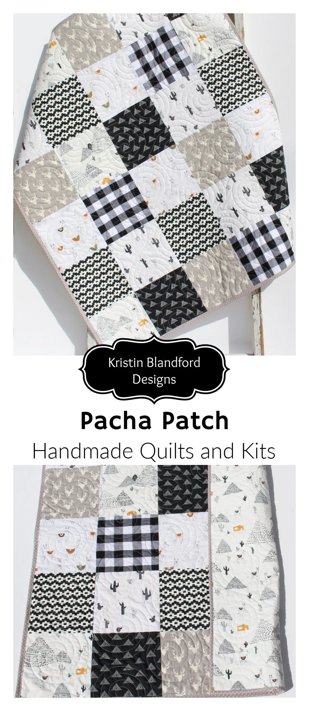 Baby Quilt, Black and White Blanket Gender Neutral Pacha Desert Southwestern Aztec Llama Mountains Cactus Deer Plaid Baby or Toddler Size