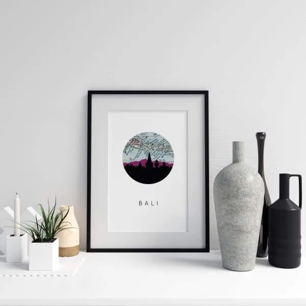 Bali, Indonesia city skyline with vintage Bali map