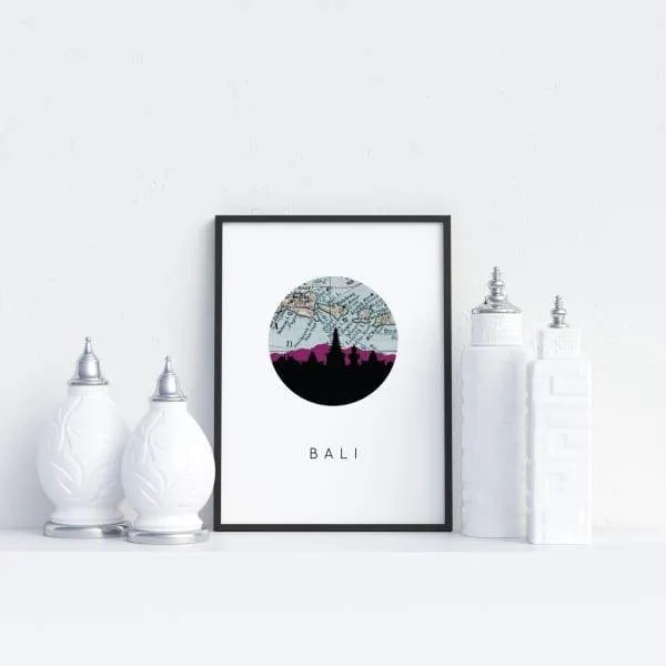 Bali, Indonesia city skyline with vintage Bali map