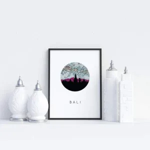 Bali, Indonesia city skyline with vintage Bali map