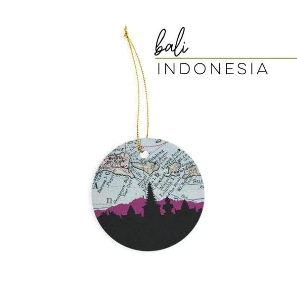 Bali, Indonesia city skyline with vintage Bali map