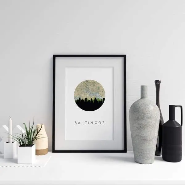 Baltimore, Maryland city skyline with vintage Baltimore map