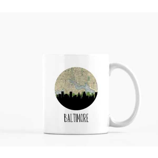 Baltimore, Maryland city skyline with vintage Baltimore map
