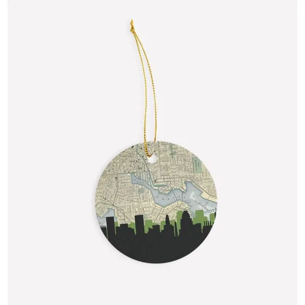 Baltimore, Maryland city skyline with vintage Baltimore map