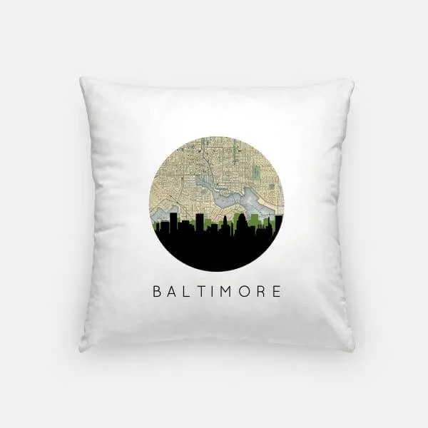 Baltimore, Maryland city skyline with vintage Baltimore map