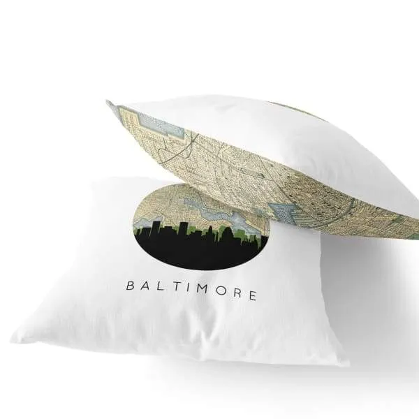 Baltimore, Maryland city skyline with vintage Baltimore map