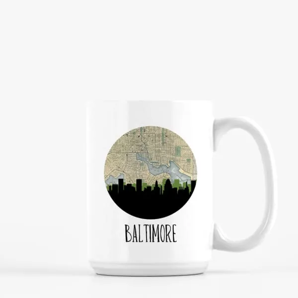 Baltimore, Maryland city skyline with vintage Baltimore map