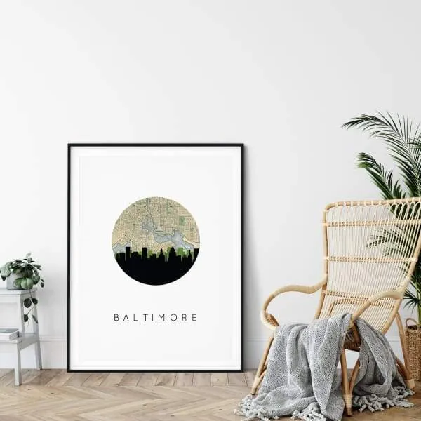 Baltimore, Maryland city skyline with vintage Baltimore map
