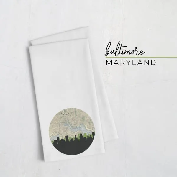 Baltimore, Maryland city skyline with vintage Baltimore map