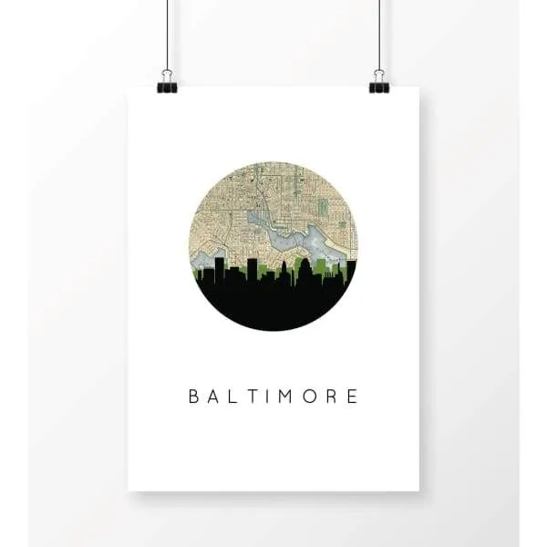 Baltimore, Maryland city skyline with vintage Baltimore map