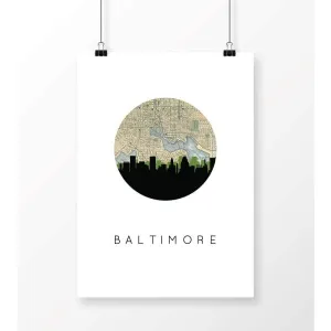 Baltimore, Maryland city skyline with vintage Baltimore map