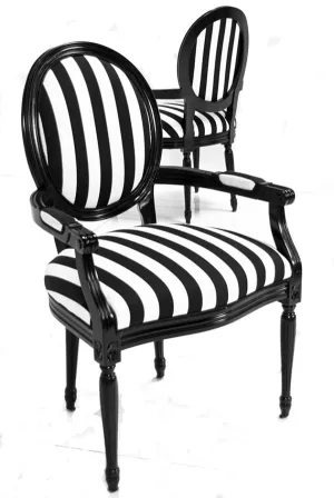 Black & White Stripe Louis XVI Round Back Chair - Pair