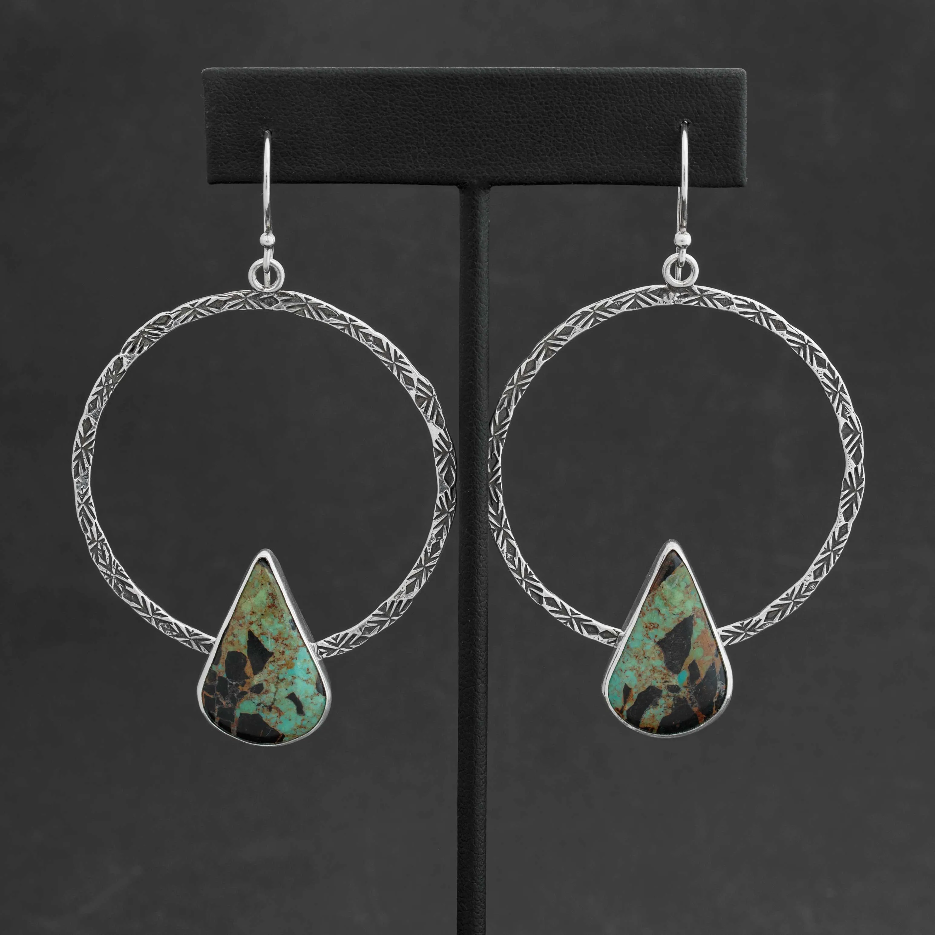 Blackjack Turquoise Hand Stamped Hoop Earrings