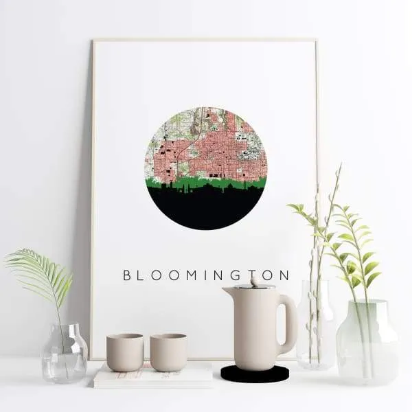Bloomington city skyline with vintage Bloomington map