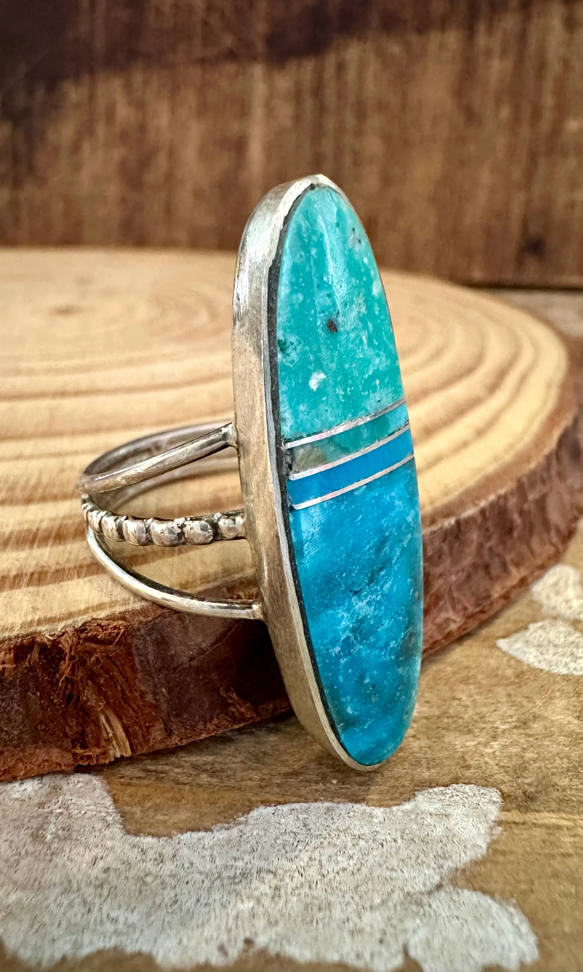 BLUE HORIZON Sterling Silver and Turquoise Inlay Ring by Harold Smith • Size 6 1/2