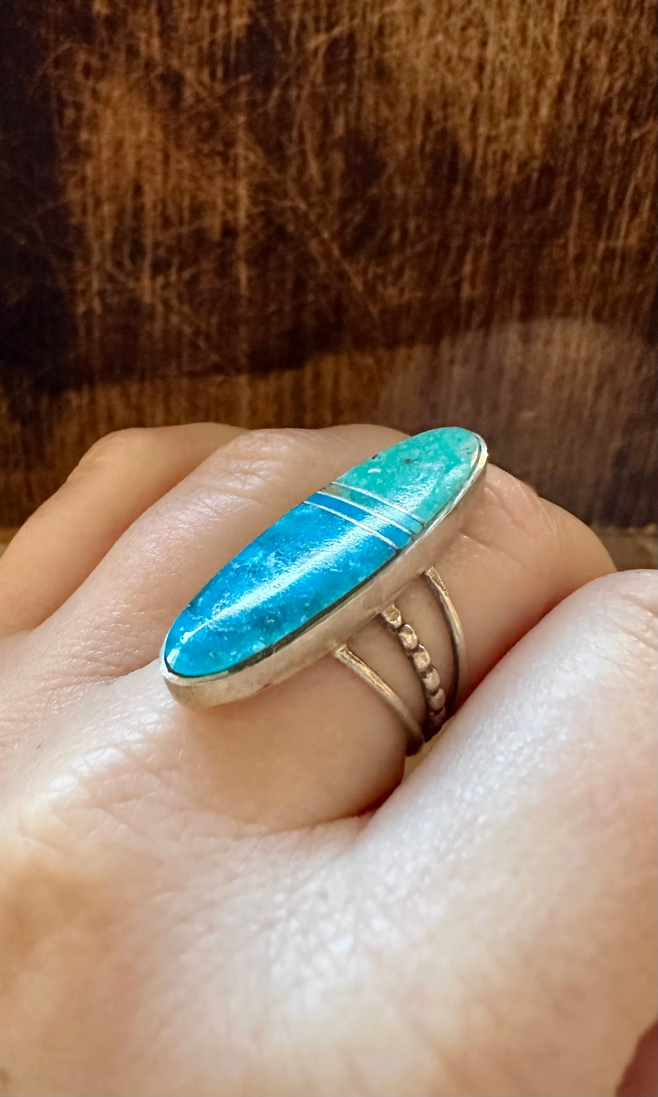 BLUE HORIZON Sterling Silver and Turquoise Inlay Ring by Harold Smith • Size 6 1/2