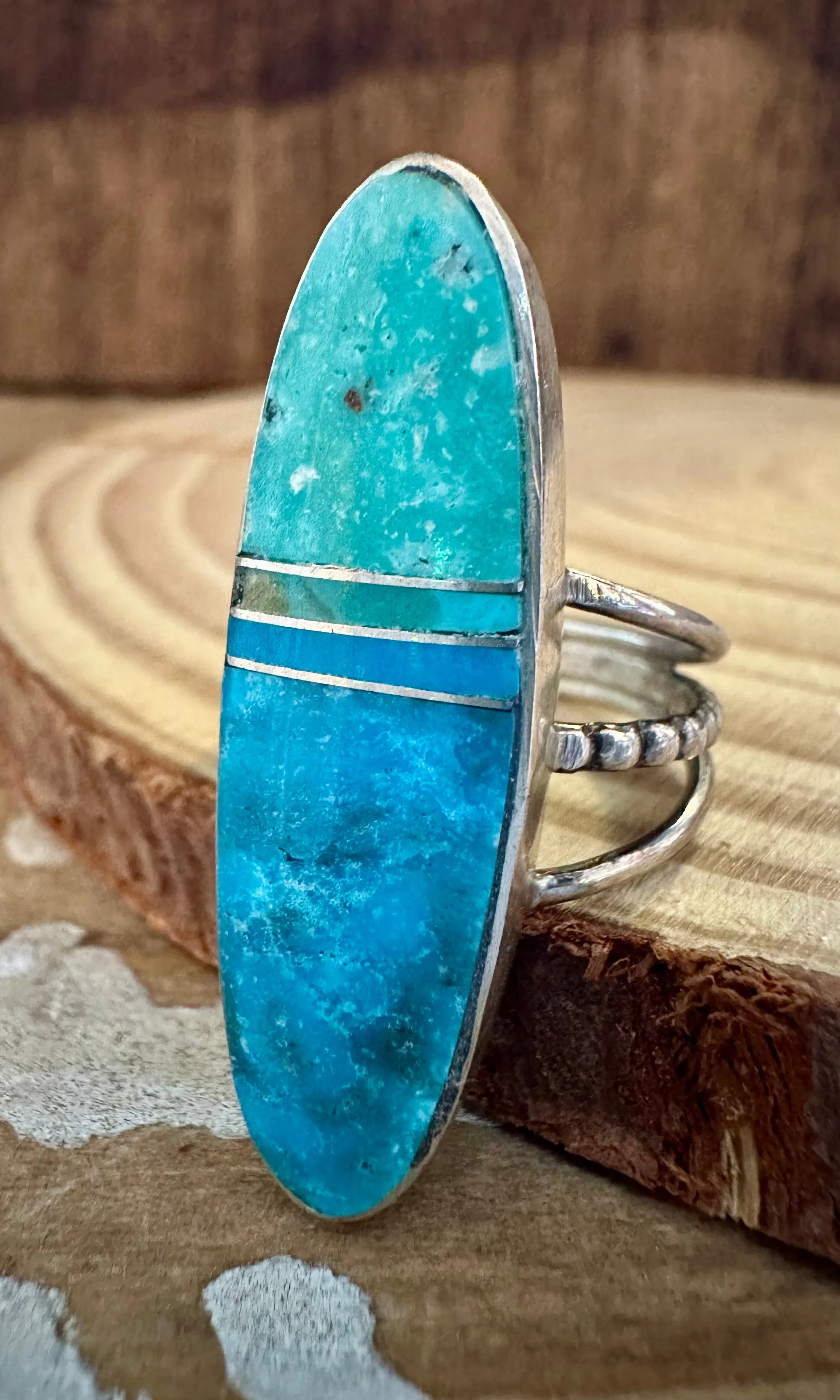 BLUE HORIZON Sterling Silver and Turquoise Inlay Ring by Harold Smith • Size 6 1/2