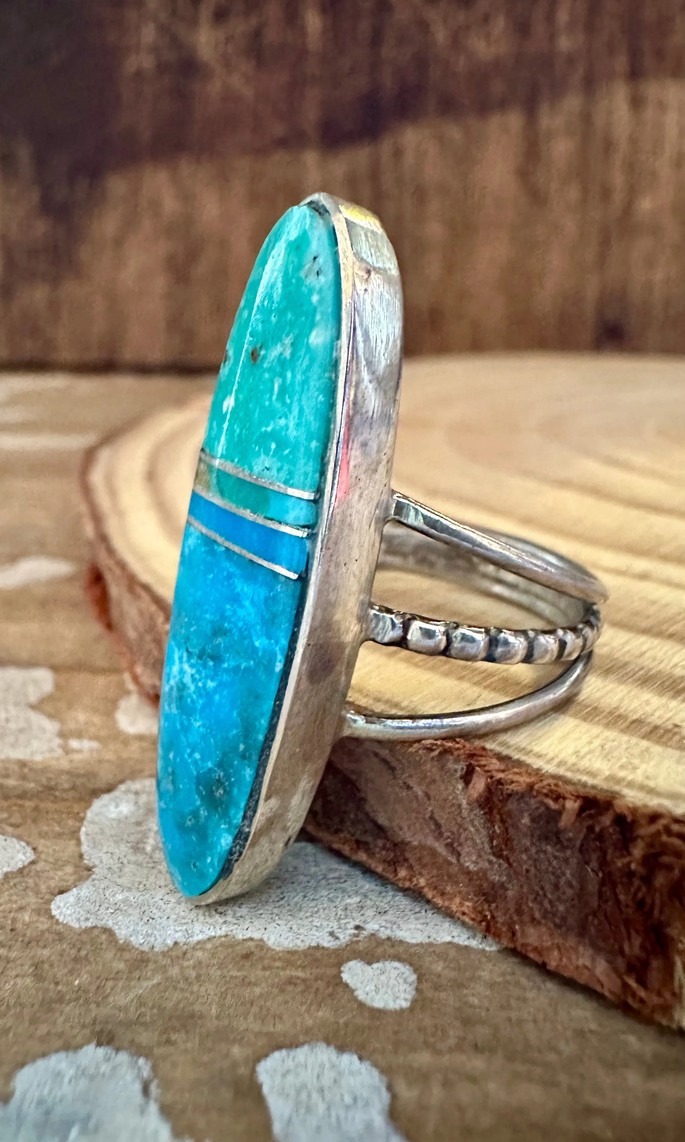 BLUE HORIZON Sterling Silver and Turquoise Inlay Ring by Harold Smith • Size 6 1/2
