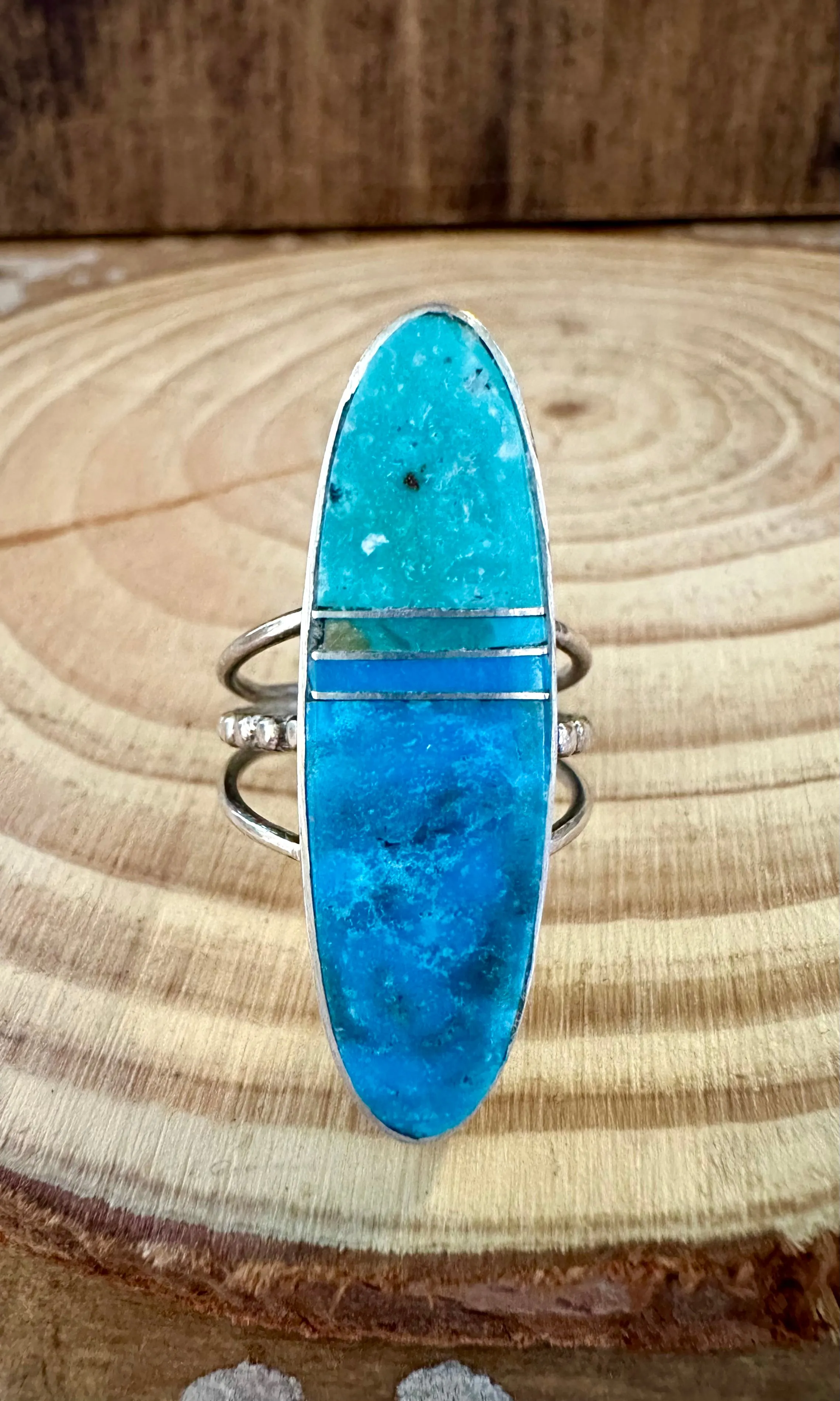 BLUE HORIZON Sterling Silver and Turquoise Inlay Ring by Harold Smith • Size 6 1/2