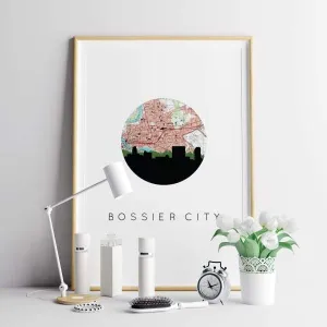Bossier City, Louisiana city skyline with vintage Bossier City map