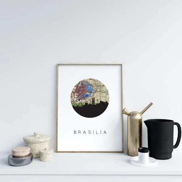 Brasilia, Brazil city skyline with vintage Brasilia map