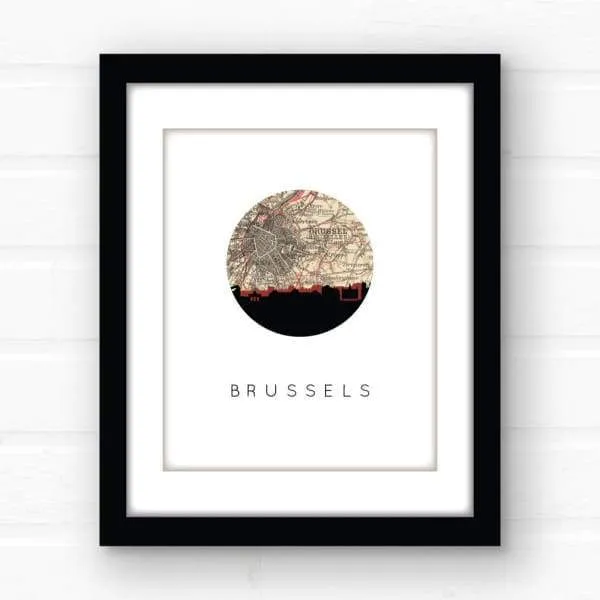 Brussels city skyline with vintage Brussels map
