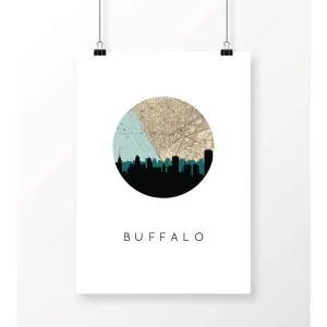 Buffalo, New York city skyline with vintage Buffalo map