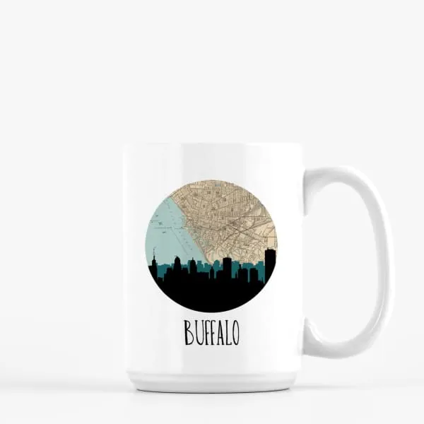 Buffalo, New York city skyline with vintage Buffalo map