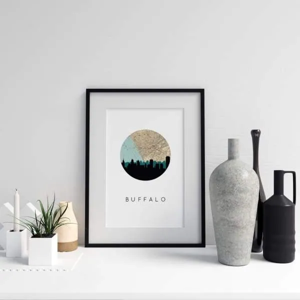 Buffalo, New York city skyline with vintage Buffalo map