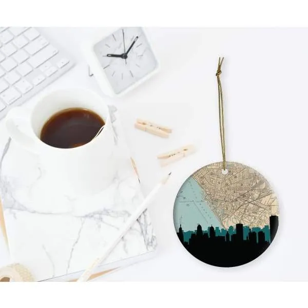 Buffalo, New York city skyline with vintage Buffalo map