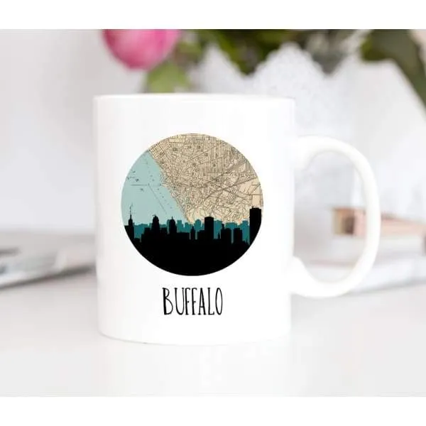 Buffalo, New York city skyline with vintage Buffalo map