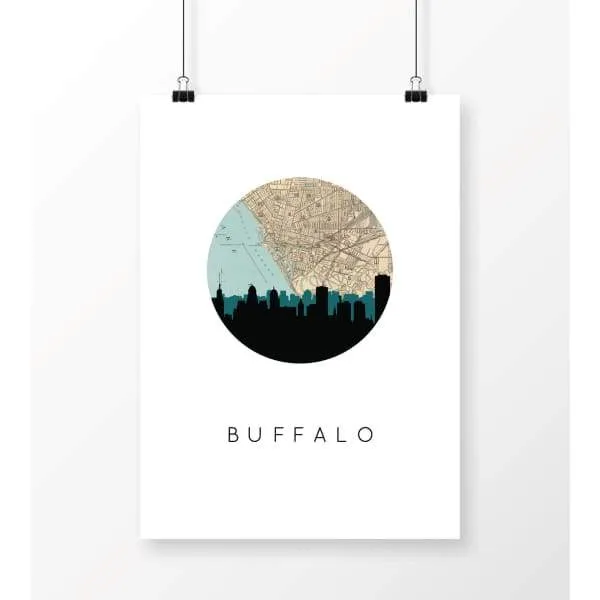 Buffalo, New York city skyline with vintage Buffalo map