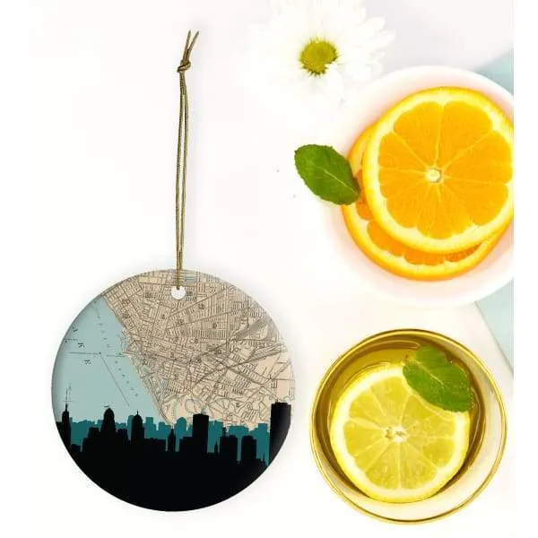Buffalo, New York city skyline with vintage Buffalo map