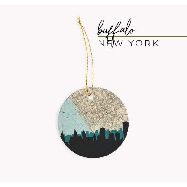 Buffalo, New York city skyline with vintage Buffalo map