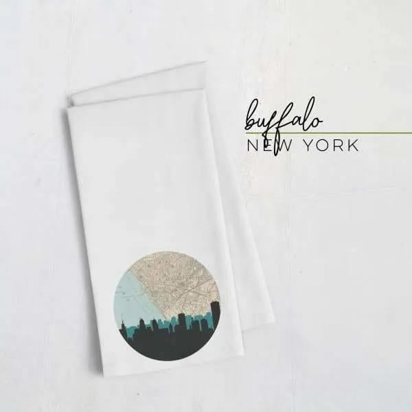 Buffalo, New York city skyline with vintage Buffalo map