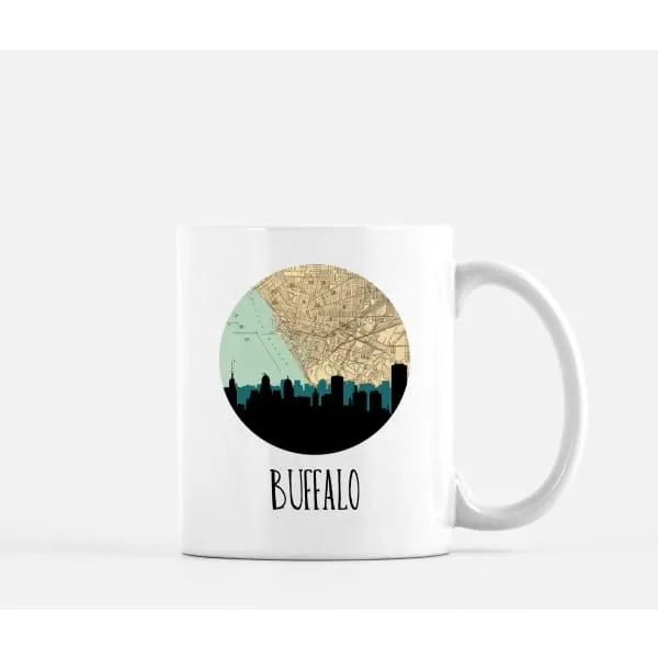 Buffalo, New York city skyline with vintage Buffalo map