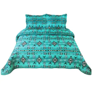 Bull Skull Tribal Artisan Southwestern Native Boho 3 Piece Quilt Bedding Blue Teal