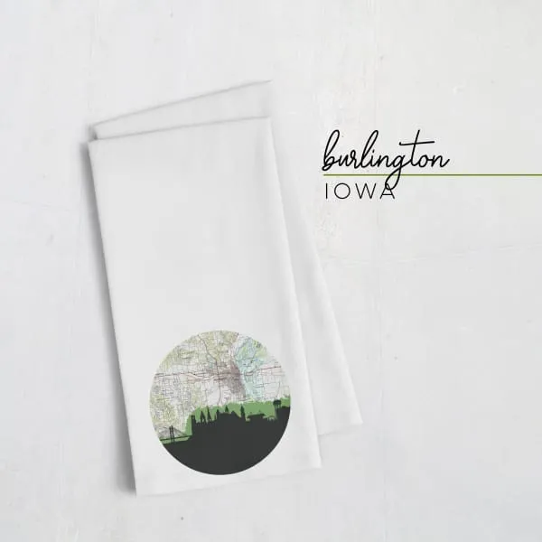 Burlington, Iowa city skyline with vintage Burlington map