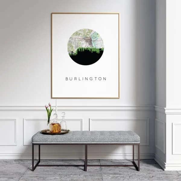 Burlington, Iowa city skyline with vintage Burlington map