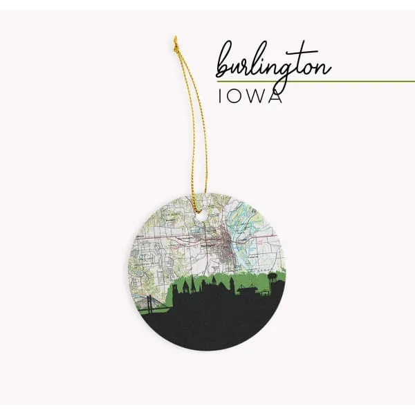 Burlington, Iowa city skyline with vintage Burlington map