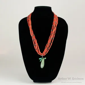 C. 1900-20 Pueblo Coral and Silver Bead Necklace with Turquoise Pendant