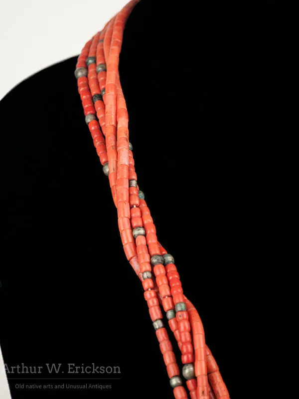 C. 1900-20 Pueblo Coral and Silver Bead Necklace with Turquoise Pendant