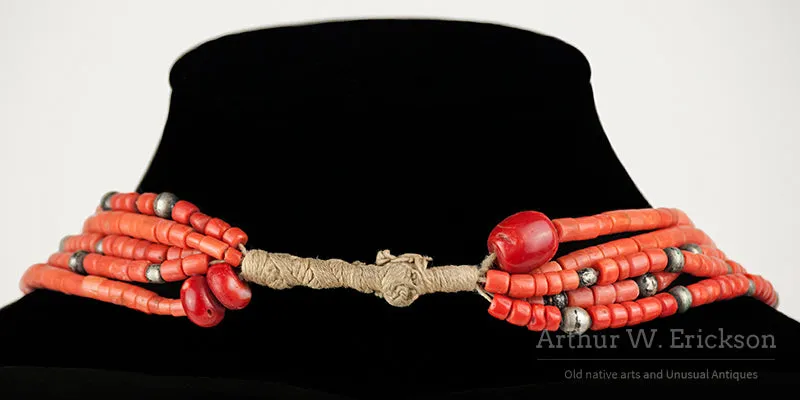 C. 1900-20 Pueblo Coral and Silver Bead Necklace with Turquoise Pendant