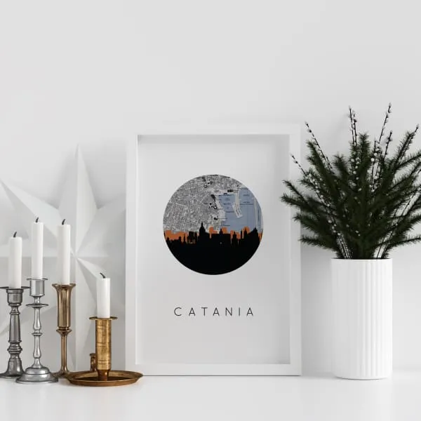 Catania, Italy city skyline with vintage Catania map