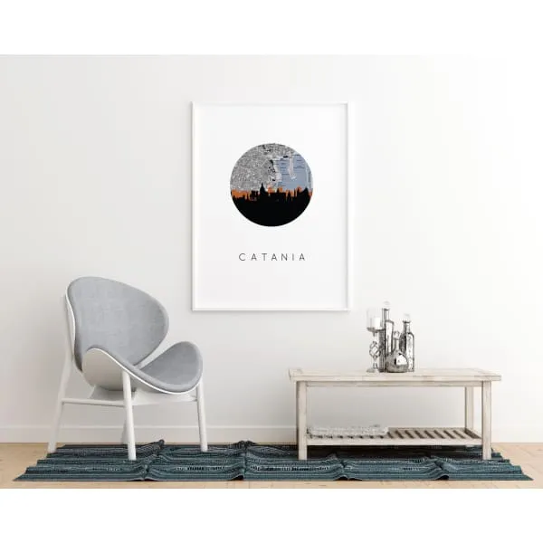 Catania, Italy city skyline with vintage Catania map
