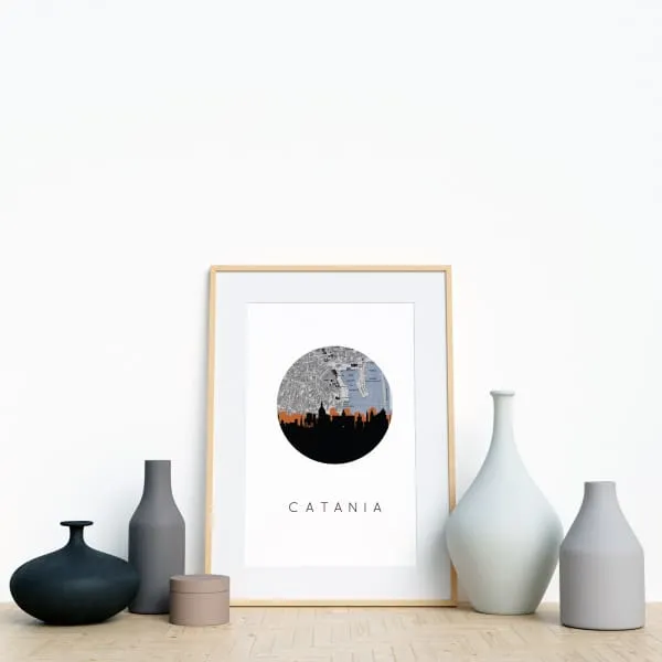 Catania, Italy city skyline with vintage Catania map