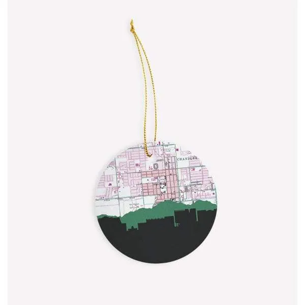 Chandler, Arizona city skyline with vintage Chandler map