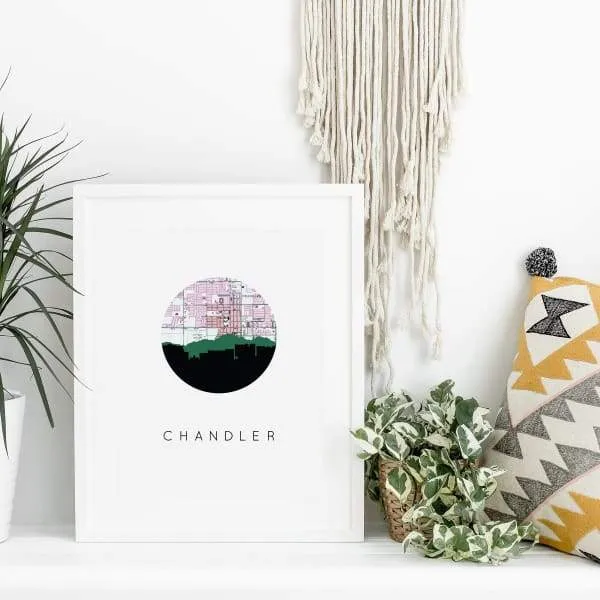 Chandler, Arizona city skyline with vintage Chandler map