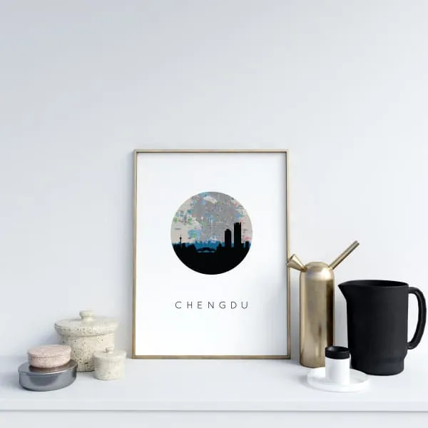 Chengdu, China city skyline with vintage Chengdu map
